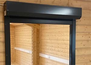 Extruded aluminium compact serving-hatch shutter server-side open